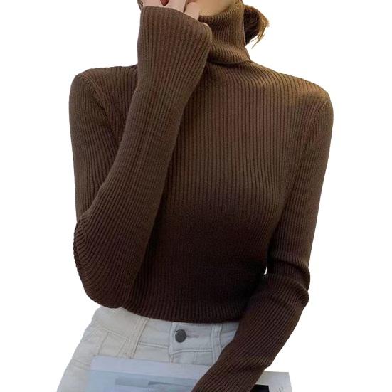 Suéter Feminino Gola Alta Manga Longa Ajustado Tricô Tops Cor Sólida Tecido Macio Elástico Tops de Base Uso Diário