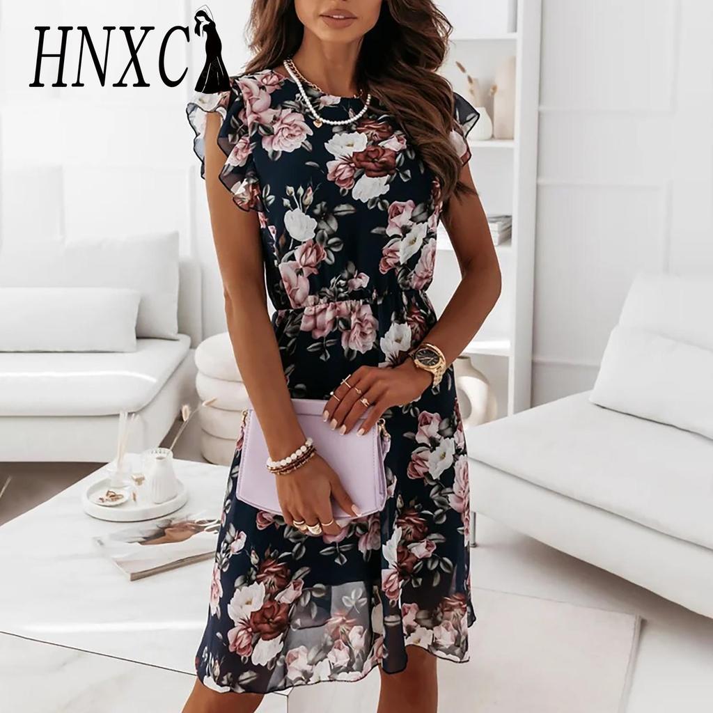 HNXC Fashion Women Casual Loose O-Neck Butterfly Sleeve Floral Print Dress