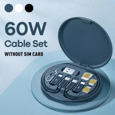 Conjunto de cabos de dados multifuncional 60W Type C Carga rápida para carregadores de iPhone Armazenamento Caixa Pino de cartão de viagem Caixa Suporte de telefone