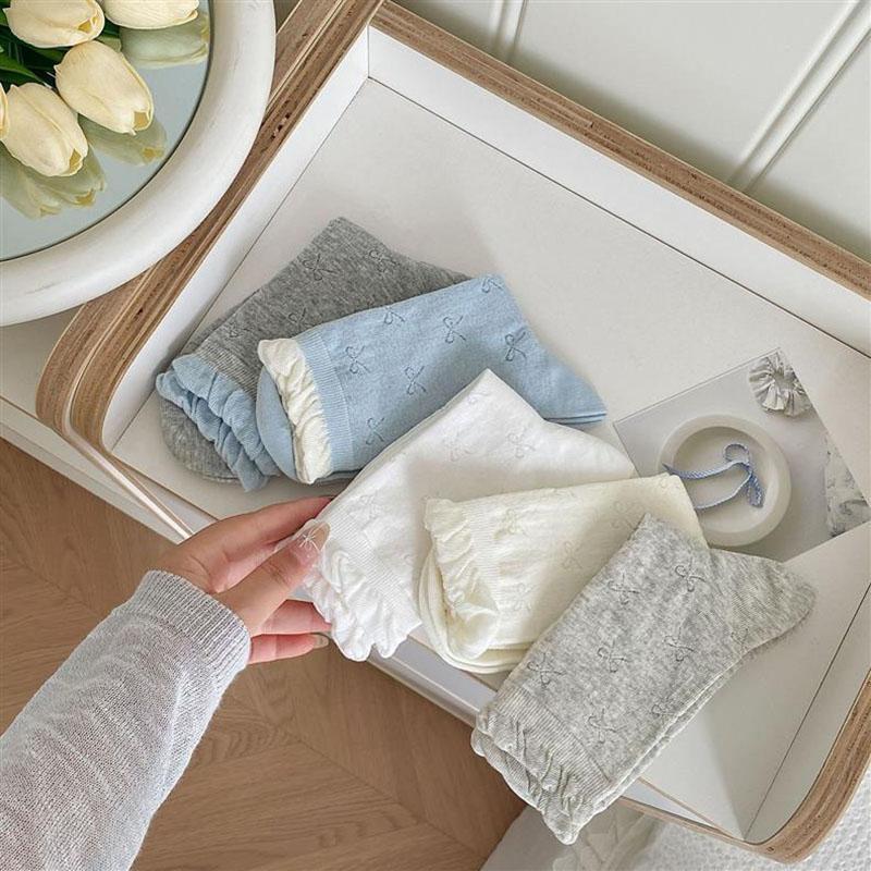 3 Pairs Spring/Summer Women's Thin Hollow-Out Mid-Calf Socks Ballet Bubble Tongue Lace Socks for Girls Women