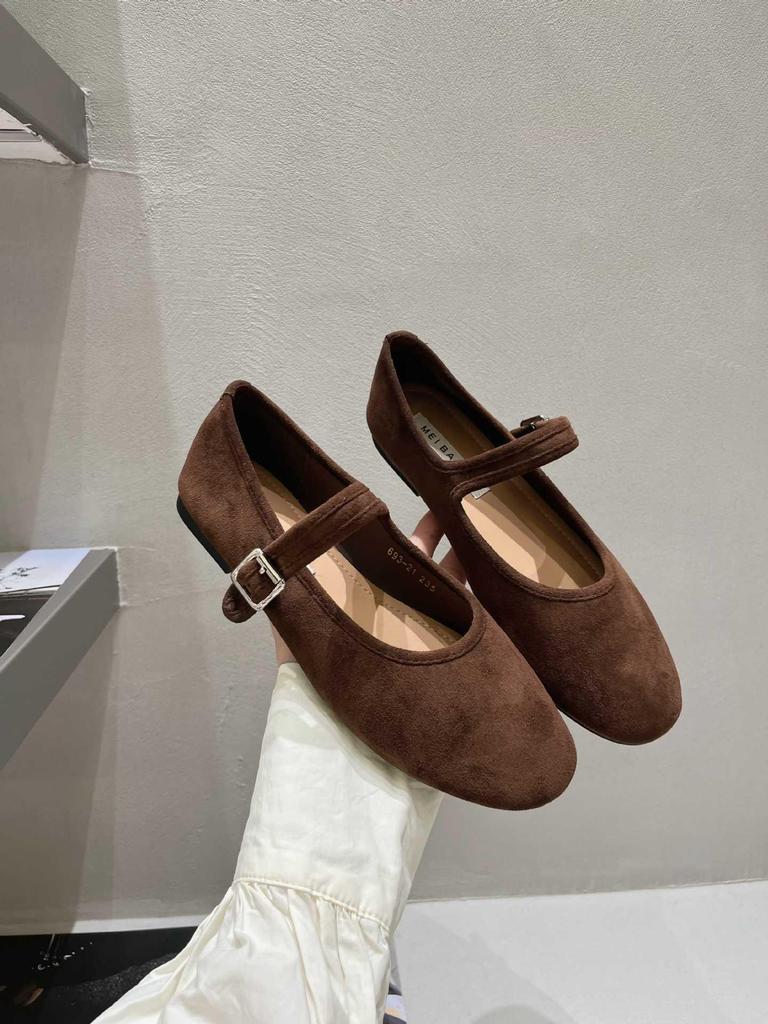 Baletari Mary Jane cu vârf rotund din piele întoarsă în stil coreean pentru femei - Toamna 2025