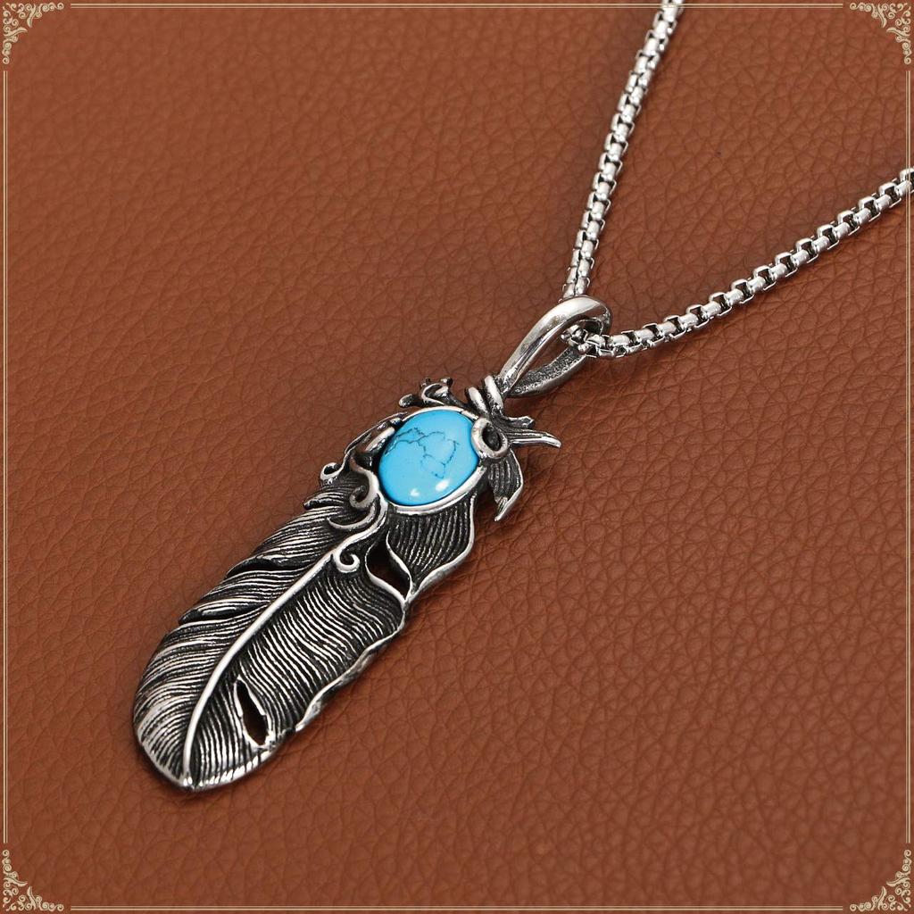 [ZIYMU] Feather Necklace, Indian Jewelry, Turquoise Pendant, Silver, Men's, 60cm Zm-p-029tc60