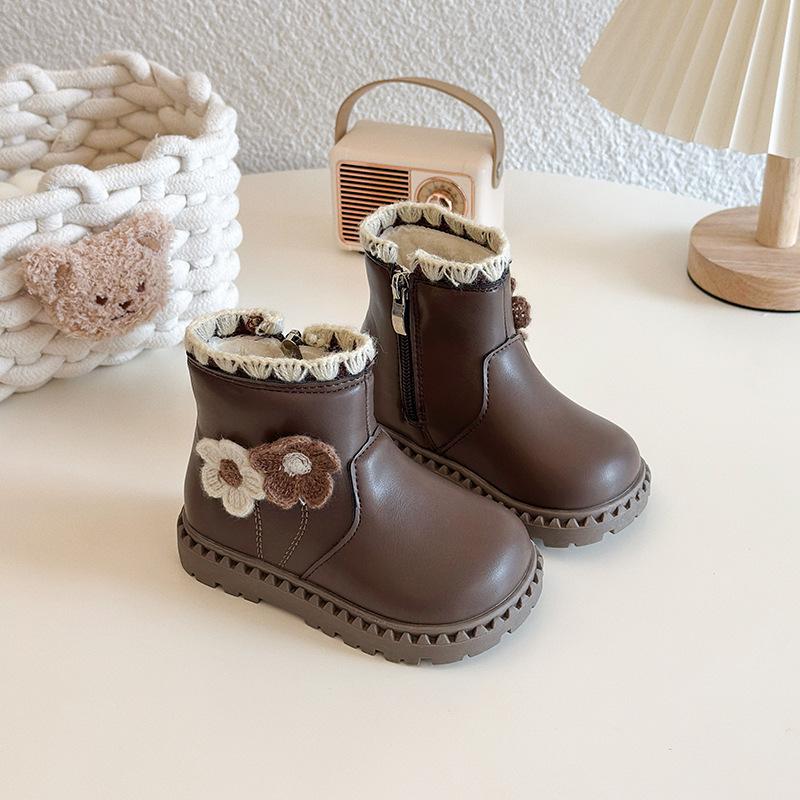 Girls cute flower short boots velvet Martin boots 2025 winter new baby girl foreign leather boots children's cotton boots