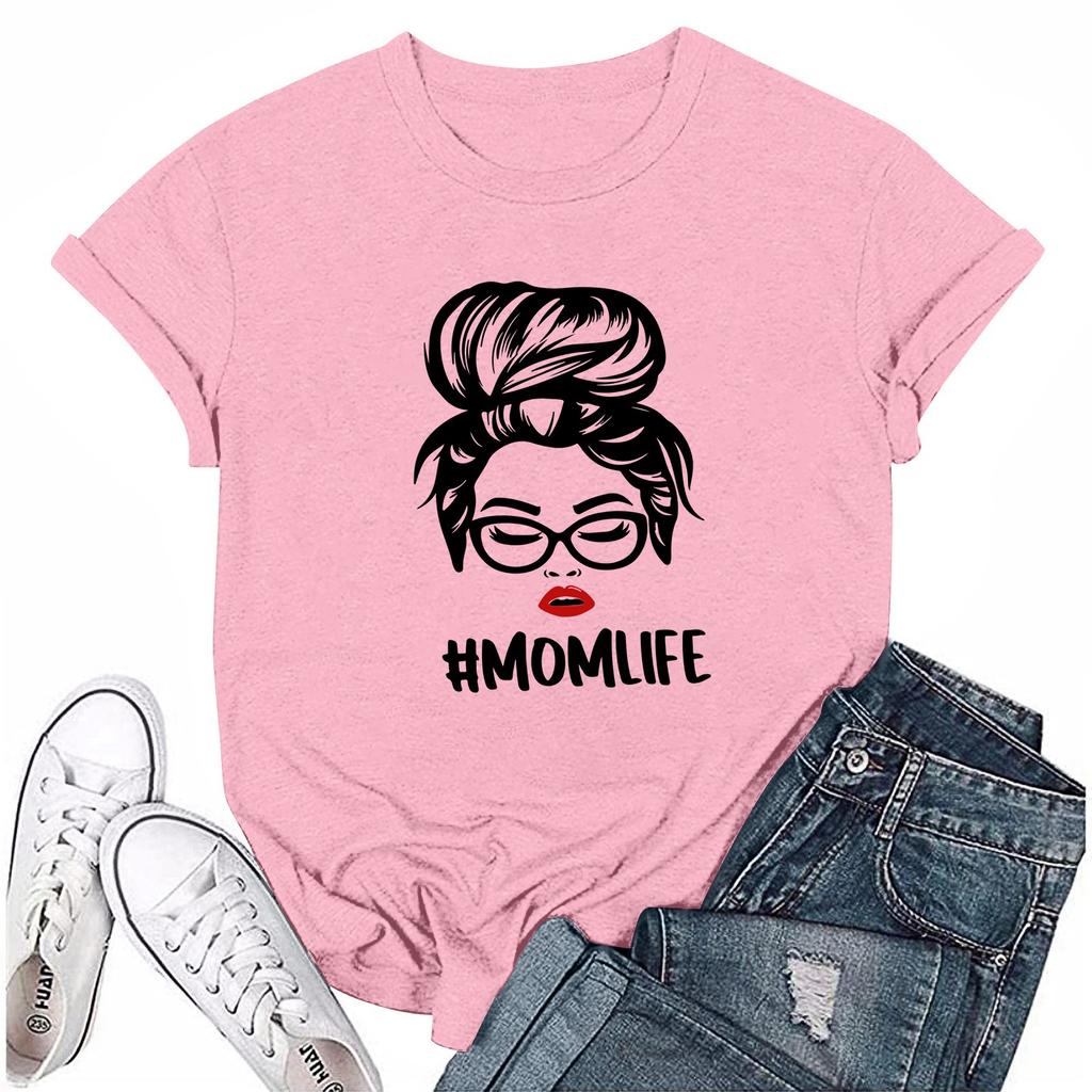 Women Casual Daily Round Neck Printed Short Sleeved T-shirt Letter Top