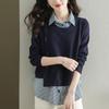 Women's Fake Two-Piece Knit Top with Shirt Collar - Stylish Autumn 2025 Sweater
