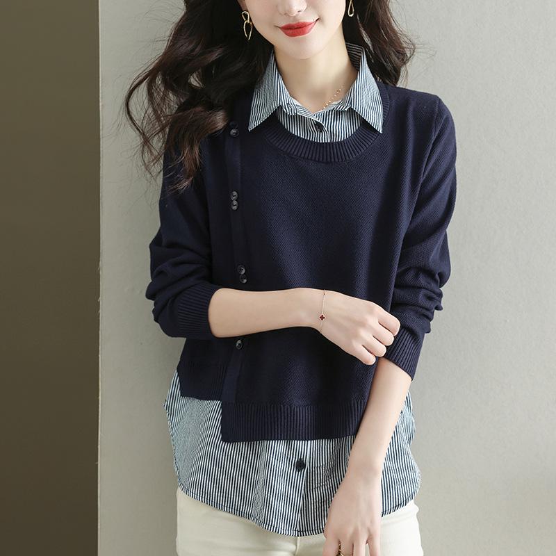 Women's Fake Two-Piece Knit Top with Shirt Collar - Stylish Autumn 2025 Sweater