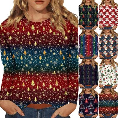 Women's Fashion Casual Christmas Print Round Neck Long Sleeve Decorative T-Shirt Top