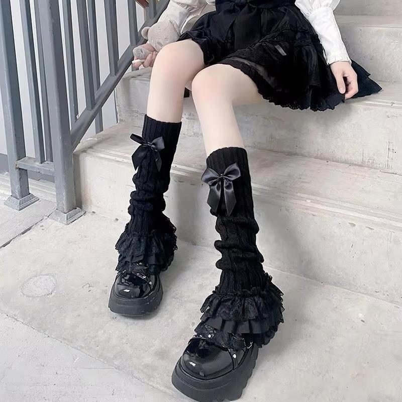 Lace Japanese Harajuku Leg Warmers Y2k Spicy Girl Over Knee Pile Socks Bow Tiered Ruffled Socks Lolita Leg Horn Women Warmers