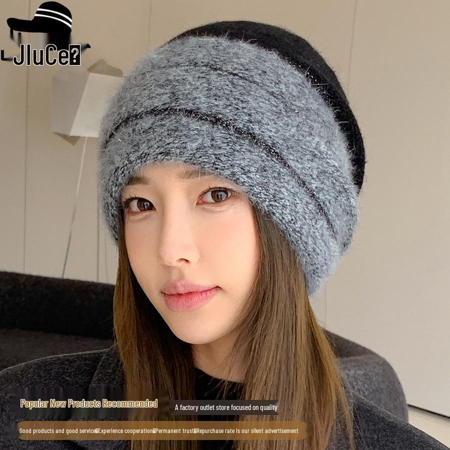 Korean Colorblock Rabbit Fur Fleece-Lined Beanie with Ear Protection – Elegant Women's Knit Hat for Cold Weather