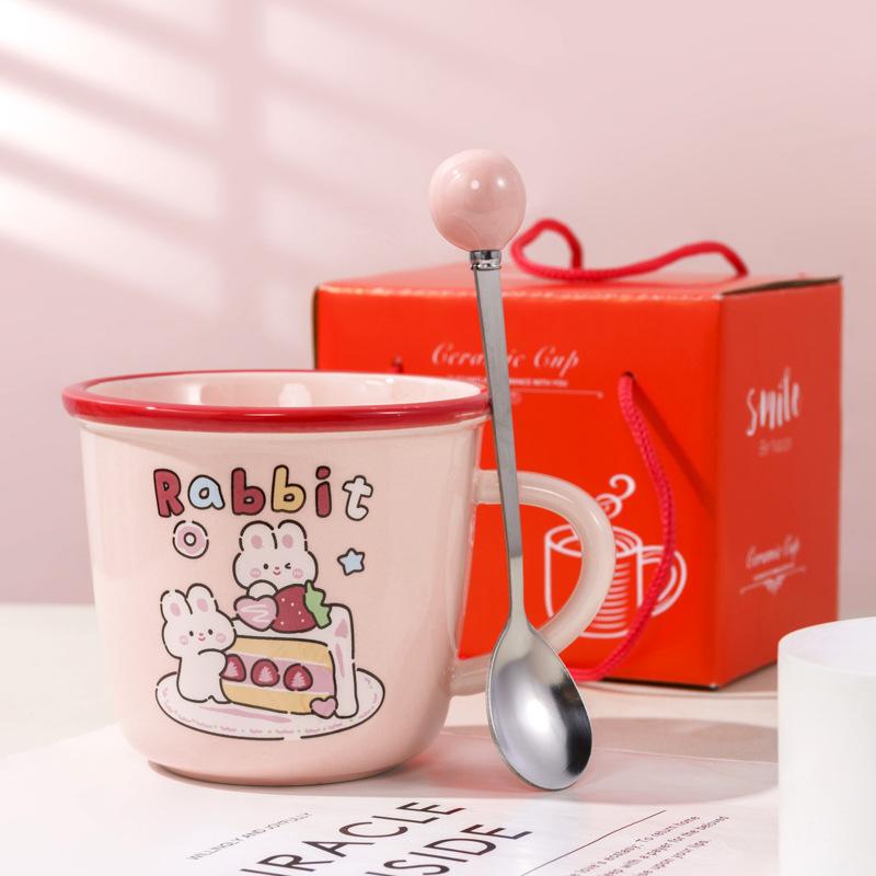Hochwertig aussehende rosa Kaninchen Keramiktasse Becher Haushaltswasserbecher Paarbecher Mädchen Frühstückstasse Laden Souvenir