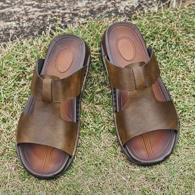 Fashion Genuine Leather Sandals Men Flat Sole Solid Color Exposed Toe Breathable Non Slip Outdoor Beach Sandals Large Size 37-46