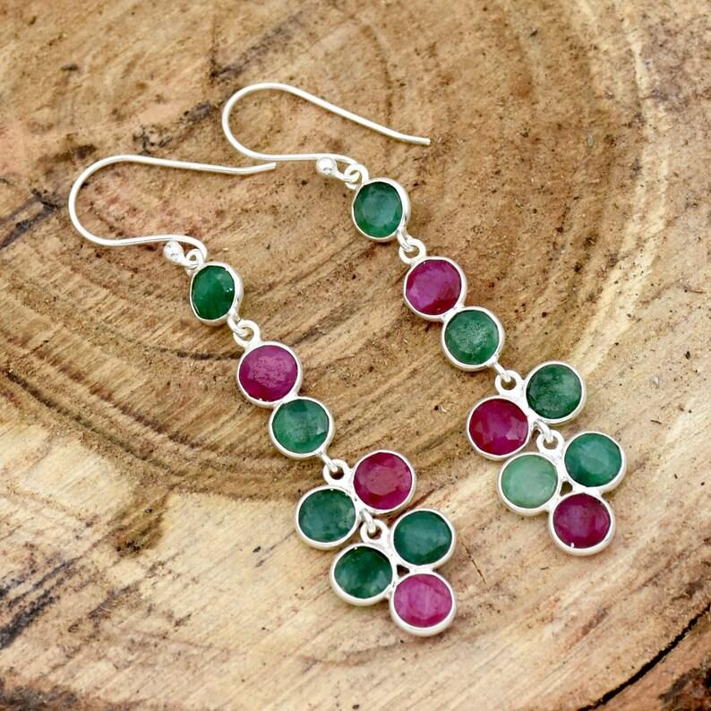 Dyed Ruby Emerald Round Gemstone Handmade Long Dangle Earring, Solid 925 Sterling Silver Earring, Gift For Her