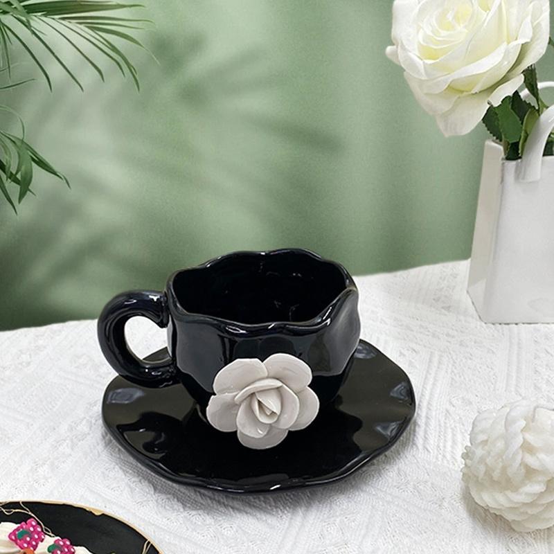 Creative French Style Camellia Coffee Cup With Saucer Handcrafted Irregular Flower Black Ceramic Mug Korean 3d White Rose Cup