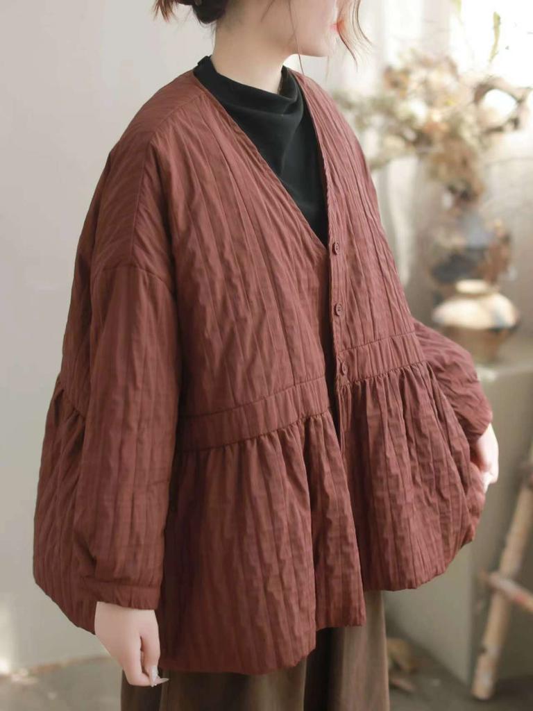 Johnature Woman Winter Fashion Vintage Style V-Neck Loose Single Breasted Solid Color Long Sleeves Coats