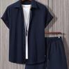 Men's Jacquard Cross Border Men's Striped Short Sleeved Shirt Buckle Collar Set Men's Fashion
