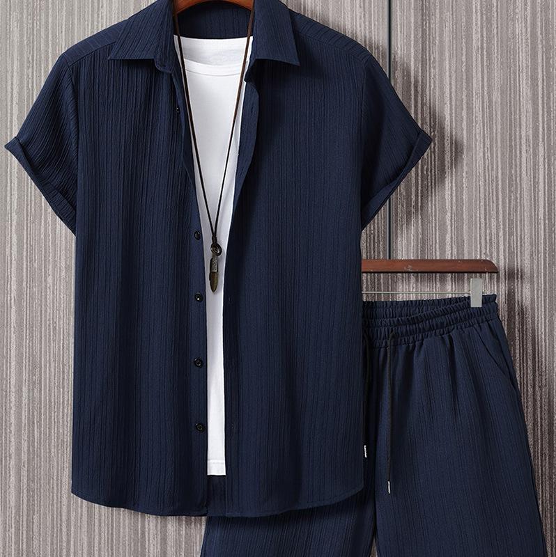 

Men s Jacquard Cross Border Men s Striped Short Sleeved Shirt Buckle Collar Set Men s Fashion M темно-синий