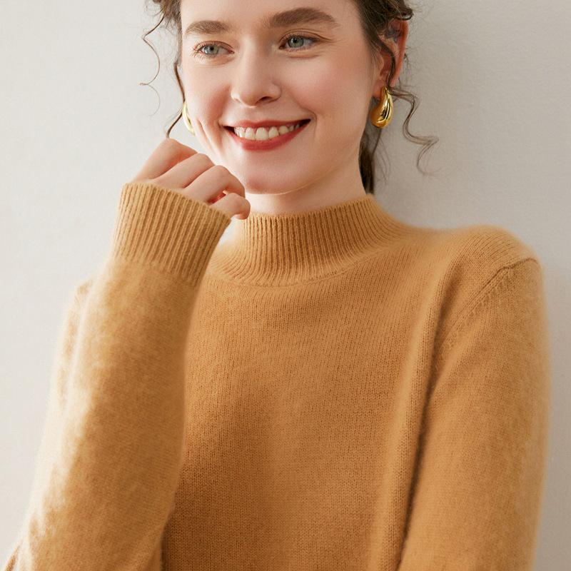 Women's Cashmere Sweater, Soft & Sticky, Half-High Collar, Solid Color, Seven-Gauge Knit, Thick Base Layer, Slimming Versatile Top.