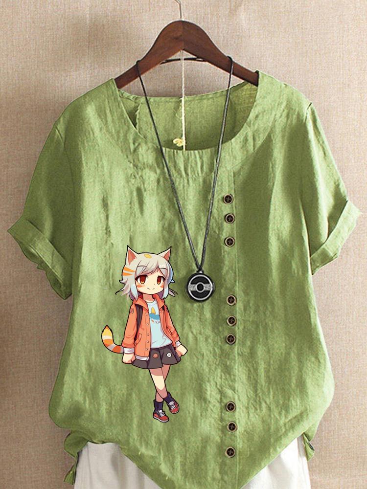 Women's Fashion Cute Girl Print Shot Sleeve T-shirt Loose Cotton Shirt Casual Loose Summer Blouse Tops Plus Size