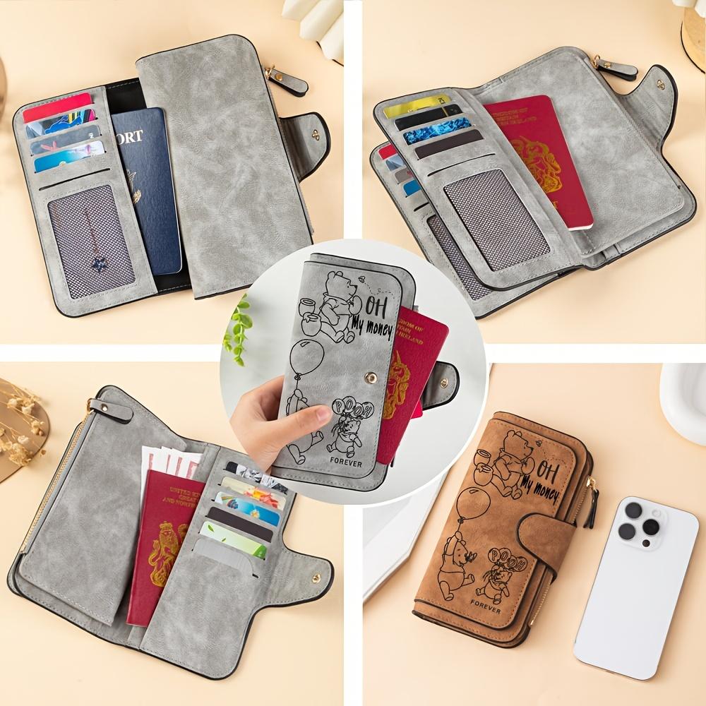 Disney Pooh Cartoon Print Passport Holder and Document Organizer, Cute Zipper Handbag with Card Slots for Women and Girls Travel and Daily Use