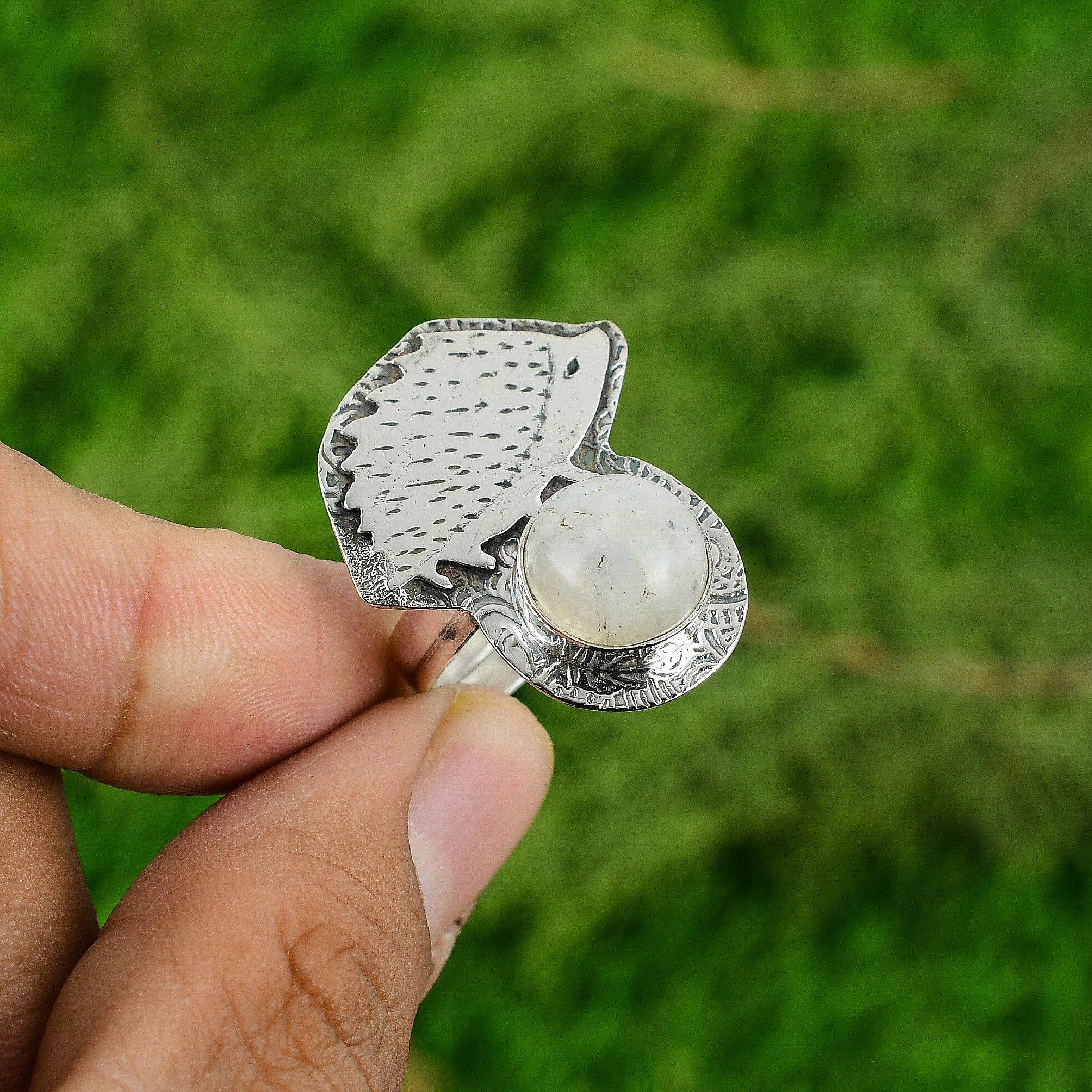 

Round Natural Rainbow Moonstone Mother Promise Wedding Ring Jewelry 925 Silver Adjustable