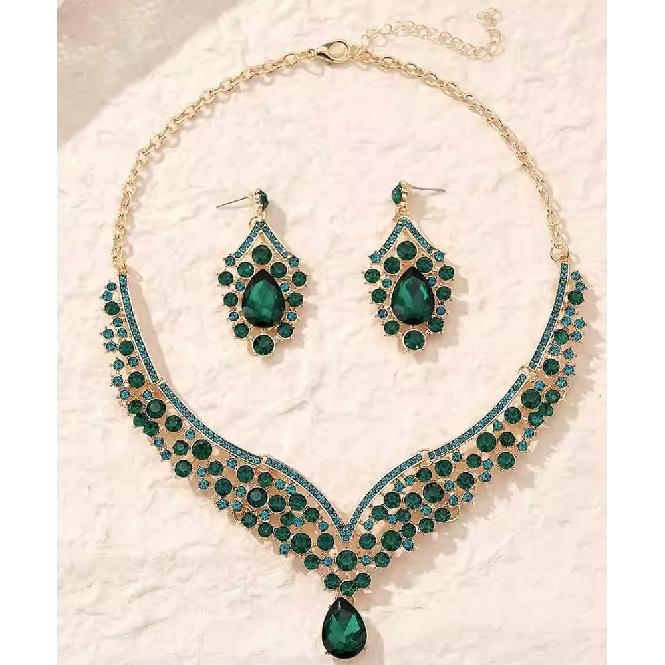 Beaded Necklace and Earring Set with Rhinestone Chains, Clear Stones, Fashion Jewelry Accessories for Women