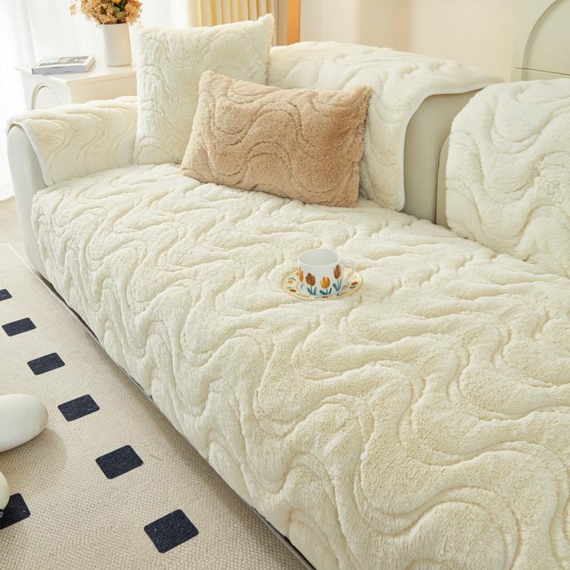 Autumn Winter Long Hair Solid Color Sofa Mat Home Living Room Decoration Anti Slip Backrest Towel Soft Thick Dust-proof High-end Striped Sofa Cover