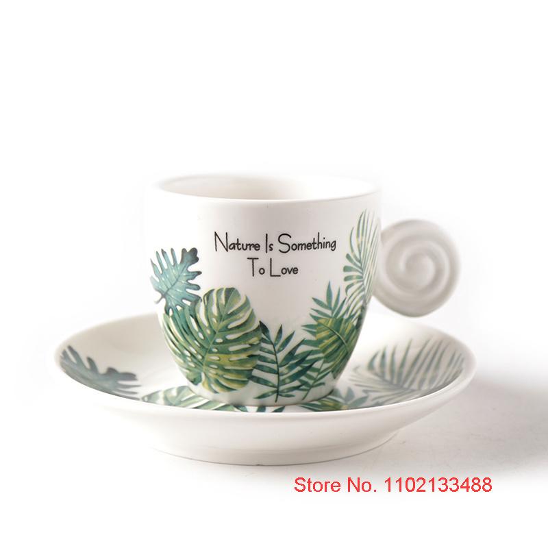 90ml Ceramics Coffee Cup And Saucer Set Nordic Fresh Cafe Drinkware Plant Monstera Office Mug Milk ESPRESSO SHOT Teacup For Girl