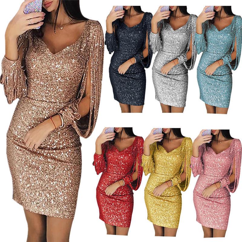 

European & American Glam Sequin Tassel Long Sleeve Party Dress 5XL