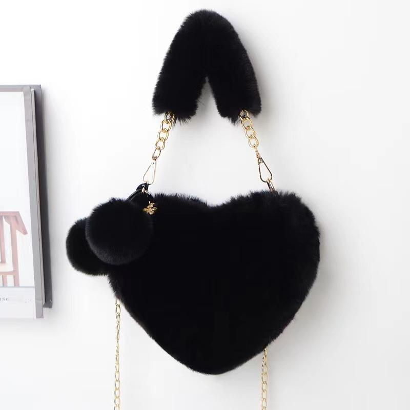 Faux Fur Heart-shaped Women Small Handbags Fluffy Plush Ladies Chain Shoulder Bag Female Furry Daily Clutch Purse