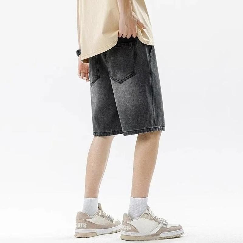 Men Casual Denim Shorts Male Elastic Waist Straight Leg Comfortable Light Blue Soft Short Pants Baggy Wide Leg Jeans