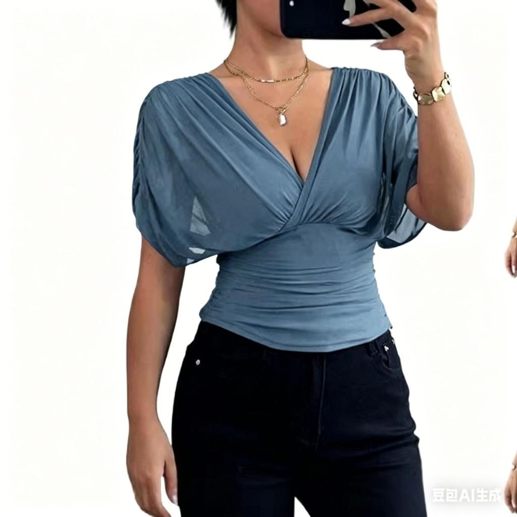 Haut Décontracté Uni Manches Courtes Volants Col en V Coupe Ajustée Doux pour Femme