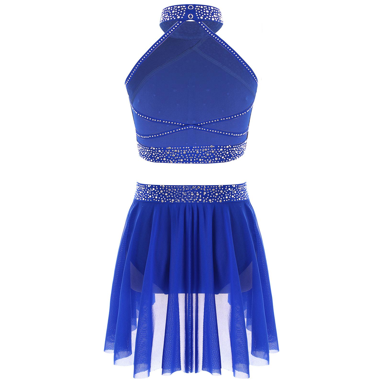 

Girls Sparkly Rhinestones Dance Outfit Halter Neck Sleeveless Backless Cross Back Vest & Ruched Skirt 5-6 Years