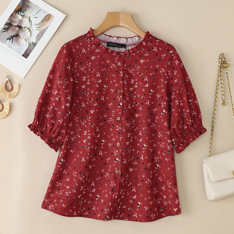 ZANZEA Women Casual Round Neck Short Sleeve Summer Floral Print Blouse