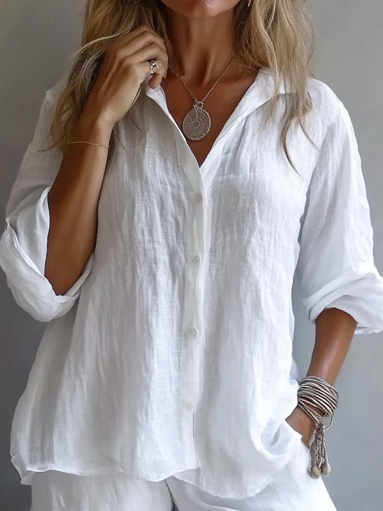Camisa de Lino para Mujer de Manga Larga con Cuello en V - Color Sólido, Moda Casual de Primavera 2026