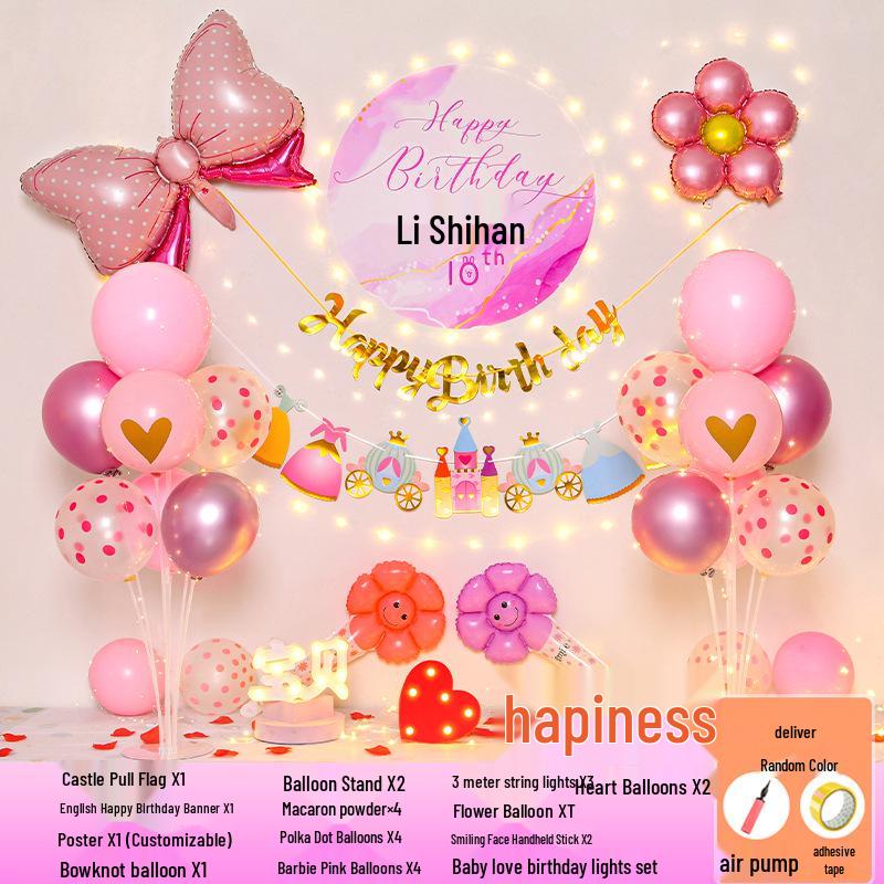 Happy Birthday Balloons for 7-8-Year-Old Girls - Home Party Decoration and Background Wall Decor