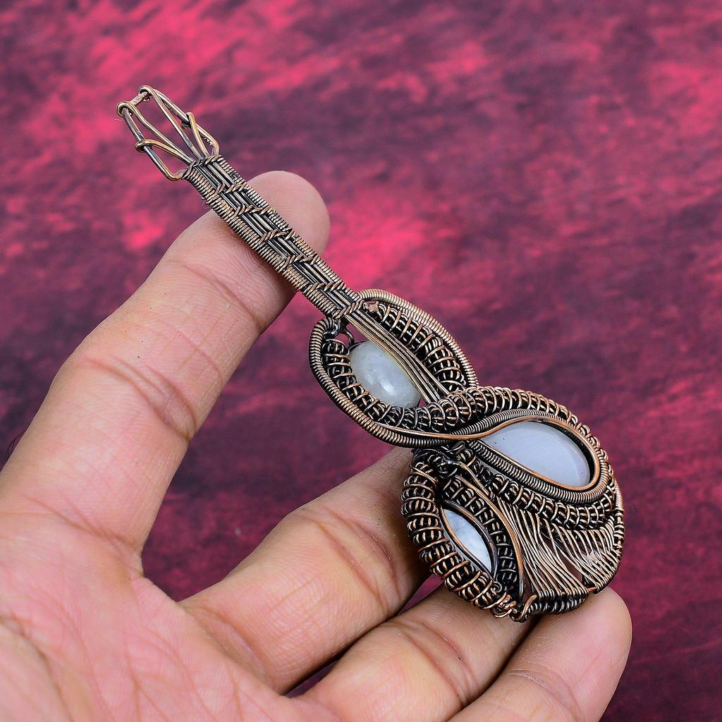 Rainbow Moonstone Pendant Gemstone Jewelry Copper Wire Wrapped Guitar Pendant