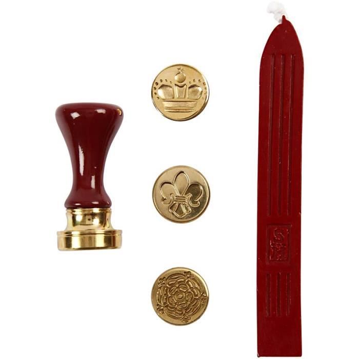 Kit de démarrage à cacheter avec poignée, laque rouge et mèche, 3 sceaux différents. Réf 27021