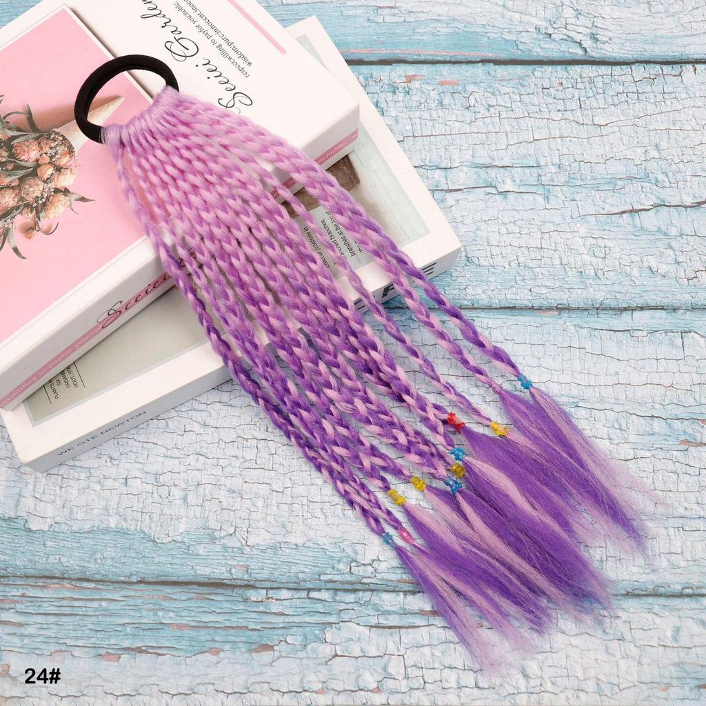 Rubber Band Ponytail Short Colored Braided Hair Extension Rainbow Colorful Synthetic Ponytails for Girls Daily Party Use