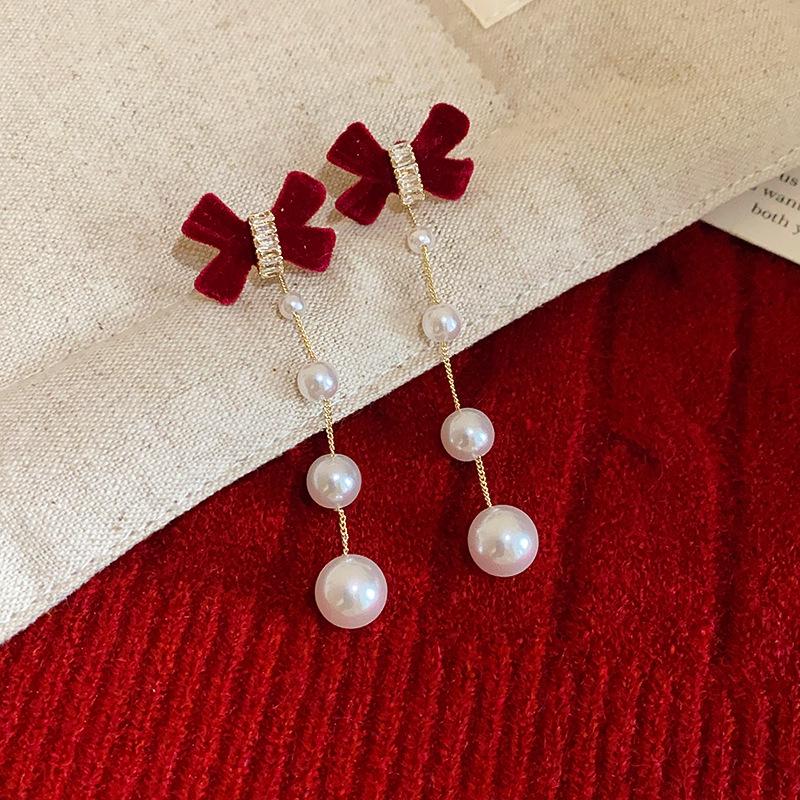 14K Gold-Plated Diamond Bow Heart Flower Earrings In Ankara Red