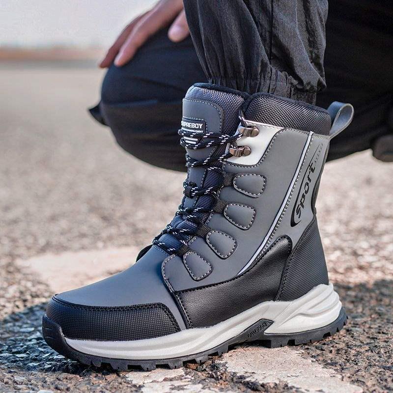 Trendy Men's Thickened Non-slip Waterproof Knee-high Winter Cotton Boots with Velvet & Leather Surface.