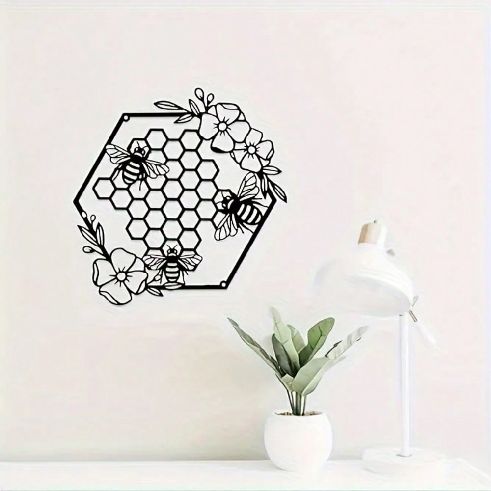 Wrought Iron Black Hexagon Animal Wall Art with Flower Sculpture Home Decor