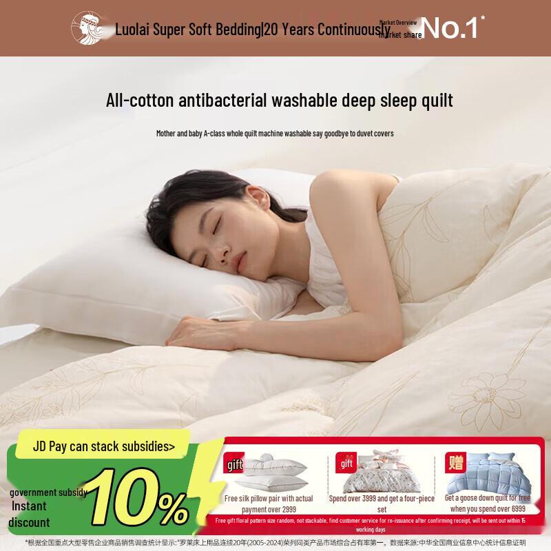 Luolai Home Textiles Class A Washable 100% Cotton Deep Sleep Quilt 220cm x 250cm