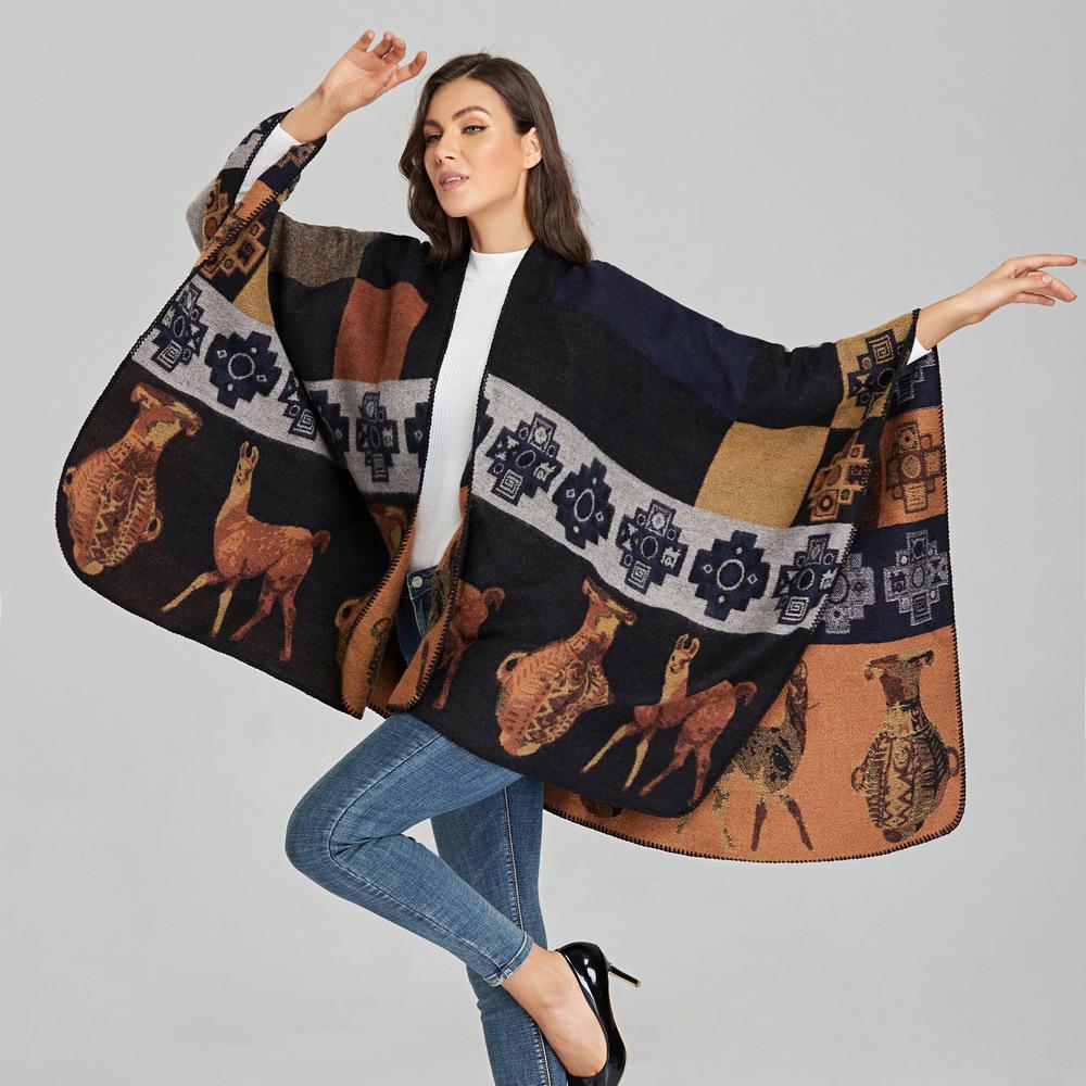 Women's Ethnic Style Thickened Shawl Cape: Autumn/Winter, Plus Size, Slit Design, Travel Scarf