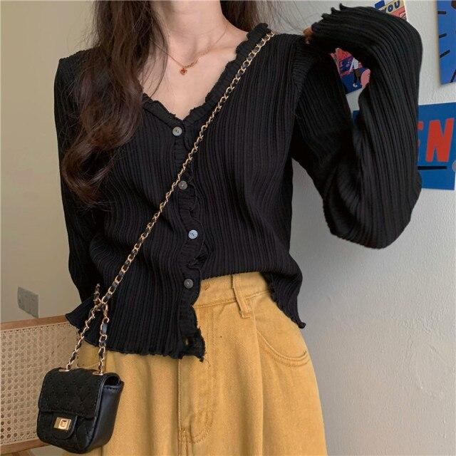 Korean Short Sweater Women V-Neck Knitted Cardigan Fashion Single Breasted Women Elasticity Cropped Cardigan Sweater Female