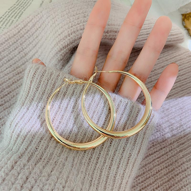 Gold French Simple Round Plain Ring Earrings Light Luxury Earrings Hong Kong Style Earrings
