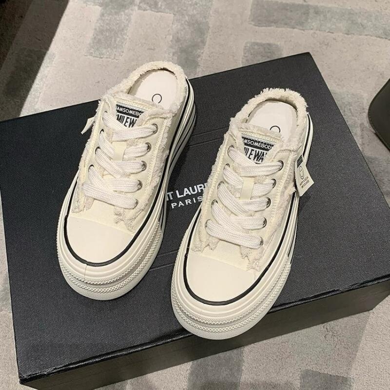 

One pedal new casual outer wear canvas single shoes women s lace-up platform fashion half slippers 40