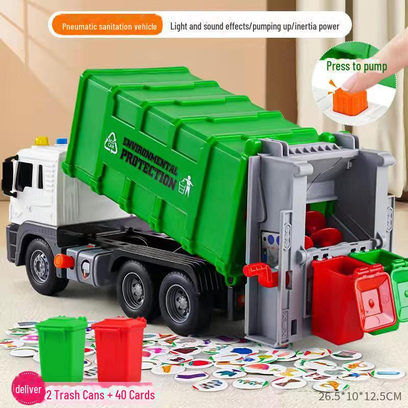 

Инерционный игрушечный мусоровоз с надувным подъемником и сортировочными контейнерами - Детская симуляция санитарии и подметания 2 barrels + 40 cards зелёный