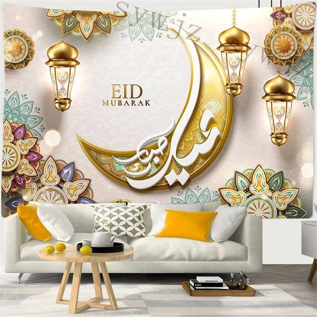 Eid Mubarak Prayer Room Background Tapestry Moon Stars Wall Hanging Art Ramadan Festival Muslim Home Decor Wall Hanging Cloth