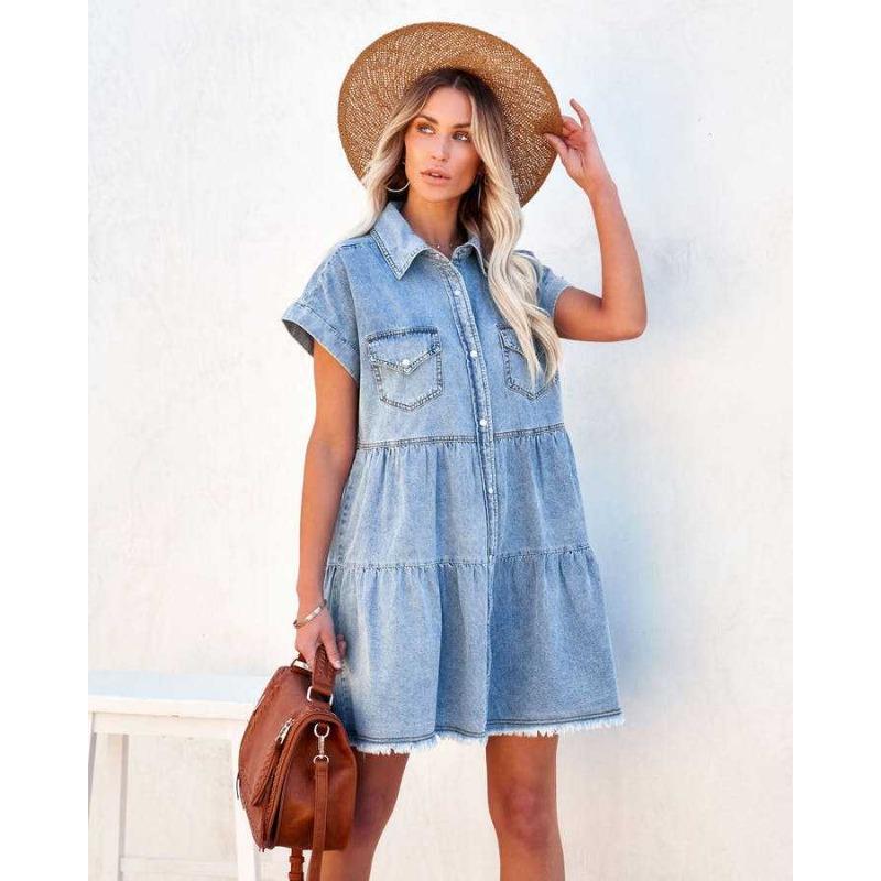JPNTKY Mode Zomer Lente Effen Kleur Print Korte Mouw POLO Kraag Casual Jurken