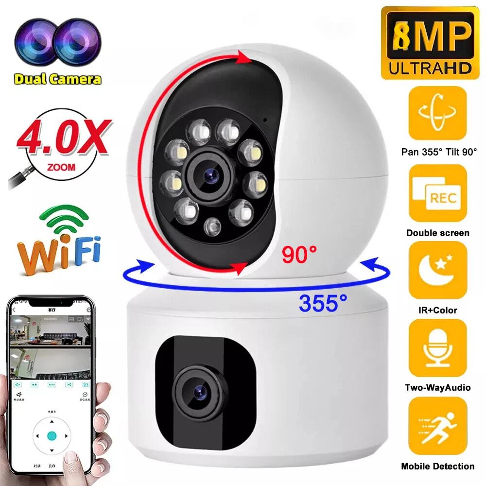EU Plug HD 8MP Mini Camera Wifi Wireless Dual Lens 8MP IP Cameras Smart Night Vision CCTV Security V380 Pro PTZ Camara Indoor Baby Monitor